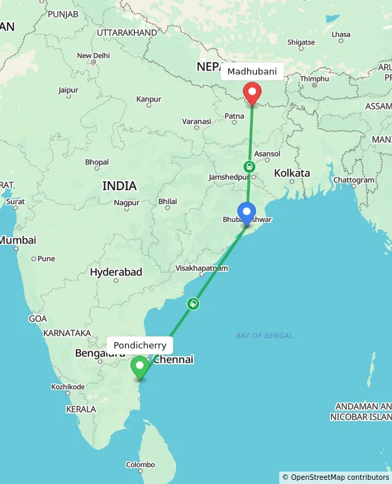 Route map showing distance and travel time from Pondicherry, India to Madhubani, India