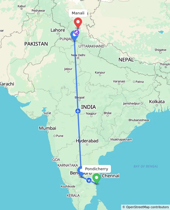 Route map showing distance and travel time from Pondicherry, India to Manali, India
