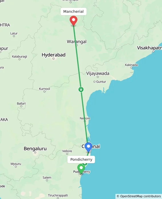 Route map showing distance and travel time from Pondicherry, India to Mancherial, India