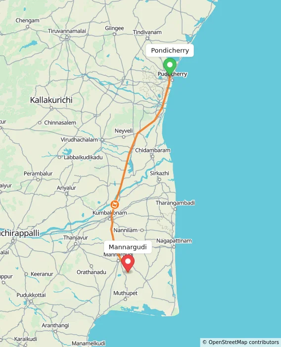 Route map showing distance and travel time from Pondicherry, India to Mannargudi, India