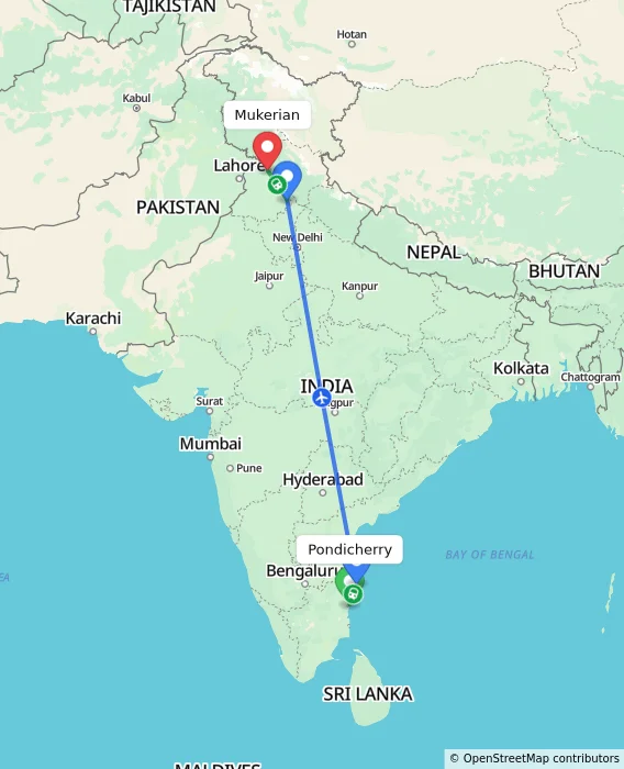Route map showing distance and travel time from Pondicherry, India to Mukerian, India