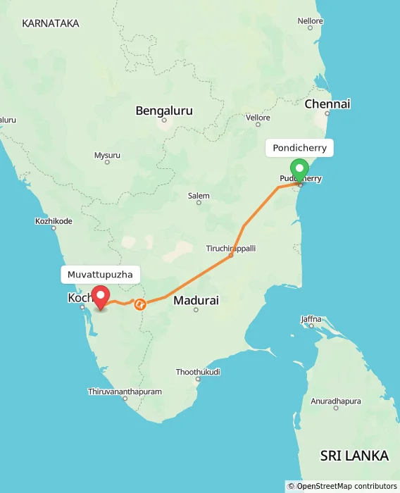 Route map showing distance and travel time from Pondicherry, India to Muvattupuzha, India