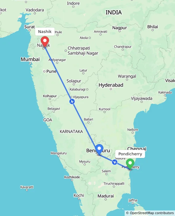 Route map showing distance and travel time from Pondicherry, India to Nashik, India