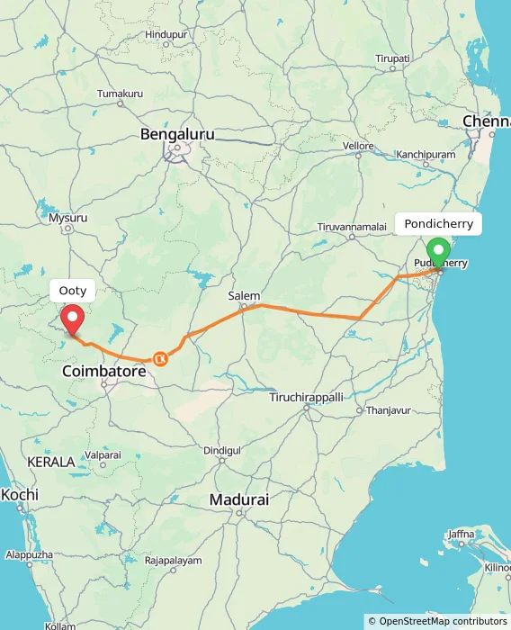 Route map showing distance and travel time from Pondicherry, India to Ooty, India