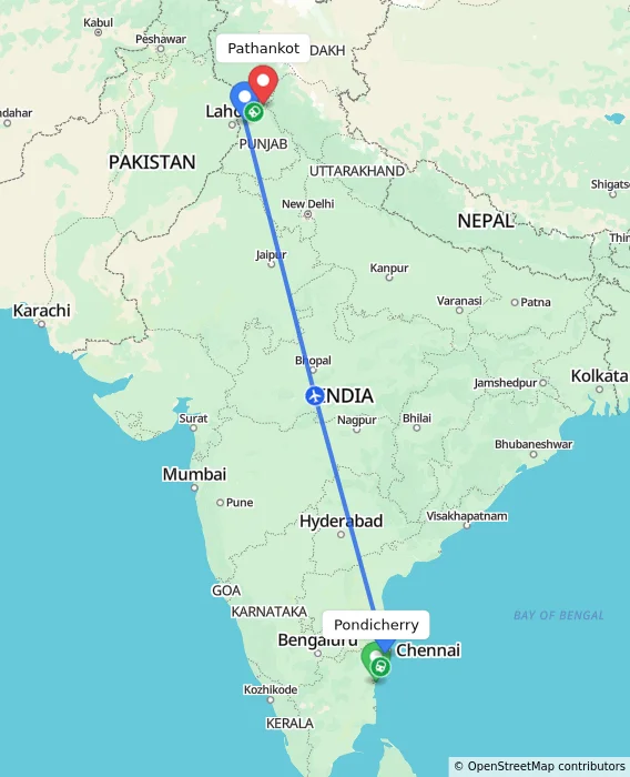 Route map showing distance and travel time from Pondicherry, India to Pathankot, India