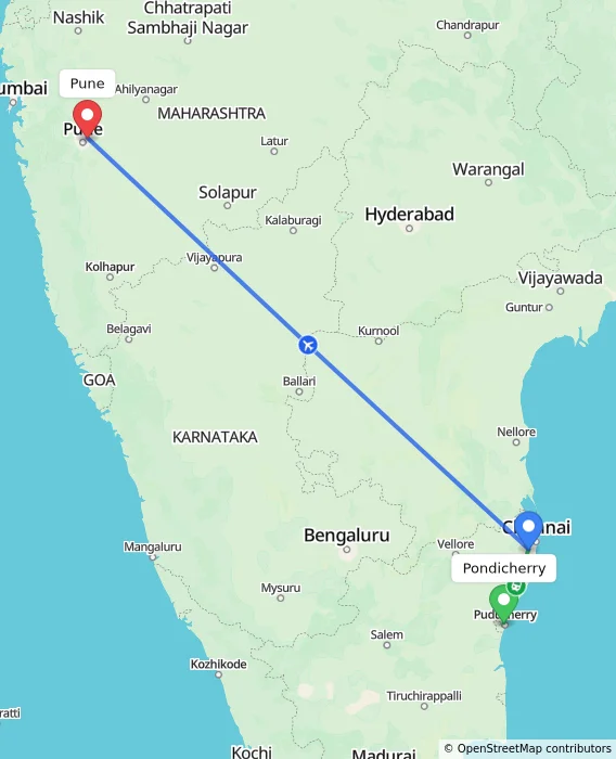 Route map showing distance and travel time from Pondicherry, India to Pune, India
