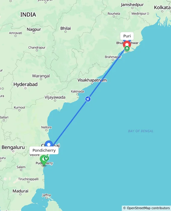 Route map showing distance and travel time from Pondicherry, India to Puri, India