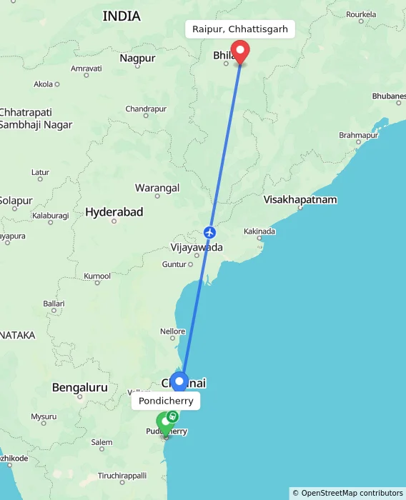 Route map showing distance and travel time from Pondicherry, India to Raipur, Chhattisgarh, India