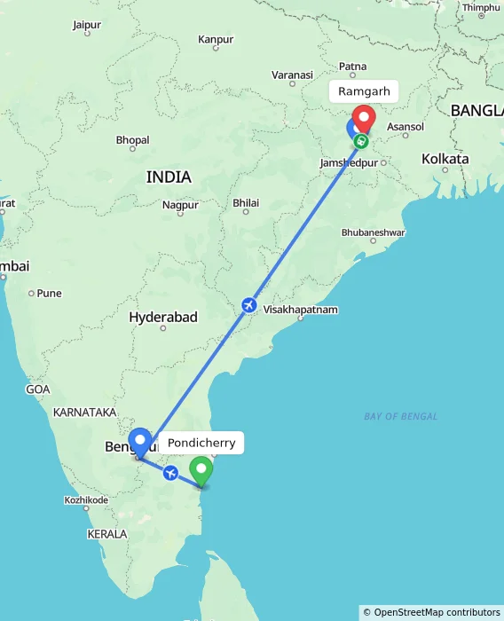 Route map showing distance and travel time from Pondicherry, India to Ramgarh, India