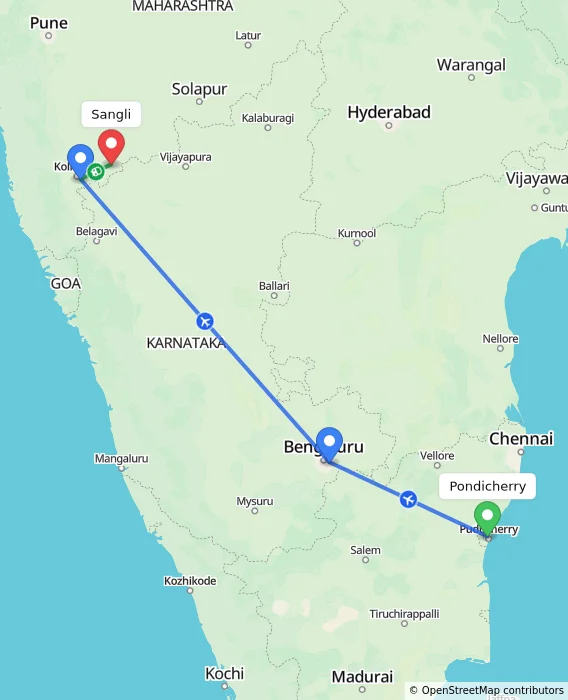 Route map showing distance and travel time from Pondicherry, India to Sangli, India