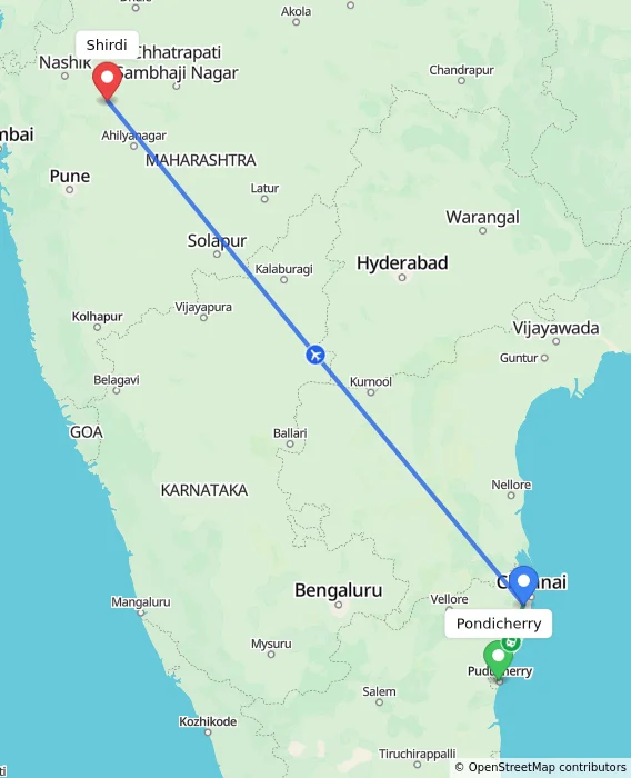 Route map showing distance and travel time from Pondicherry, India to Shirdi, India