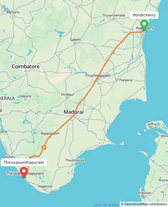 Route map showing distance and travel time from Pondicherry, India to Thiruvananthapuram, India