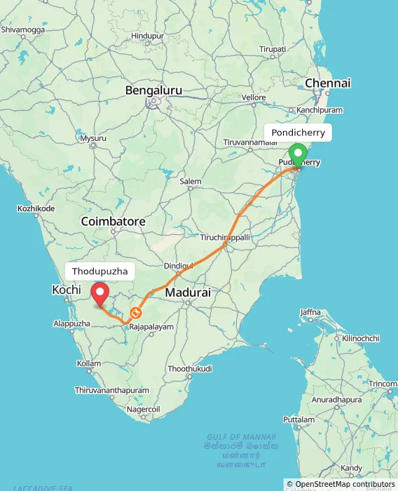 Route map showing distance and travel time from Pondicherry, India to Thodupuzha, India