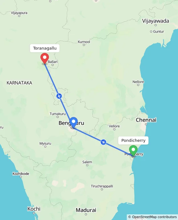 Route map showing distance and travel time from Pondicherry, India to Toranagallu, India