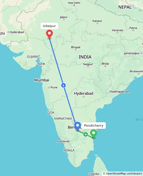 Route map showing distance and travel time from Pondicherry, India to Udaipur, India