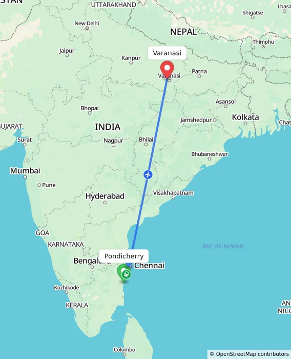 Route map showing distance and travel time from Pondicherry, India to Varanasi, India