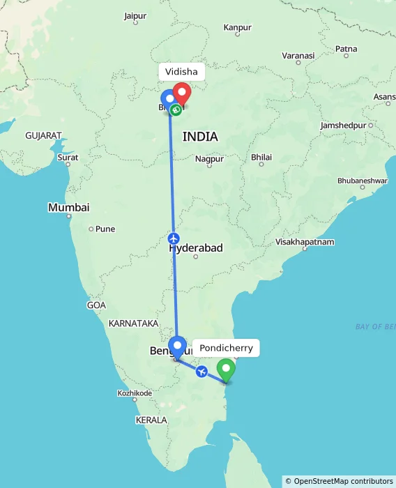 Route map showing distance and travel time from Pondicherry, India to Vidisha, India
