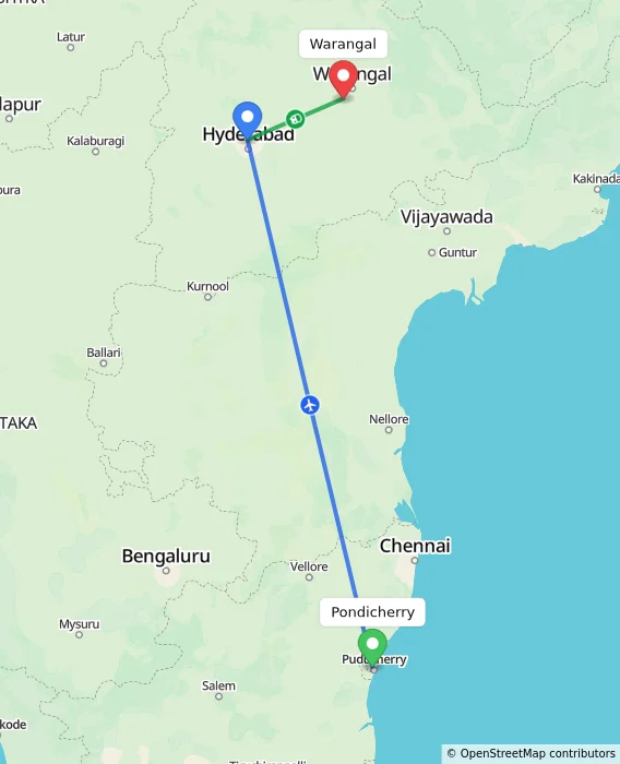 Route map showing distance and travel time from Pondicherry, India to Warangal, India