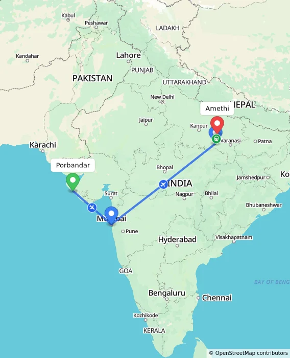Route map showing distance and travel time from Porbandar, India to Amethi, India
