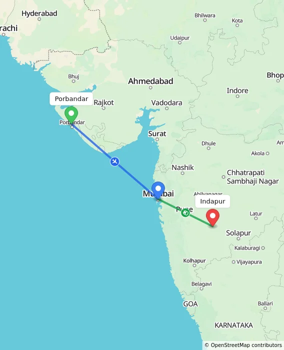 Route map showing distance and travel time from Porbandar, India to Indapur, India
