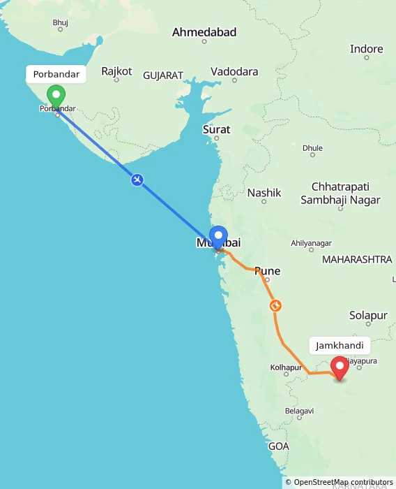 Route map showing distance and travel time from Porbandar, India to Jamkhandi, India