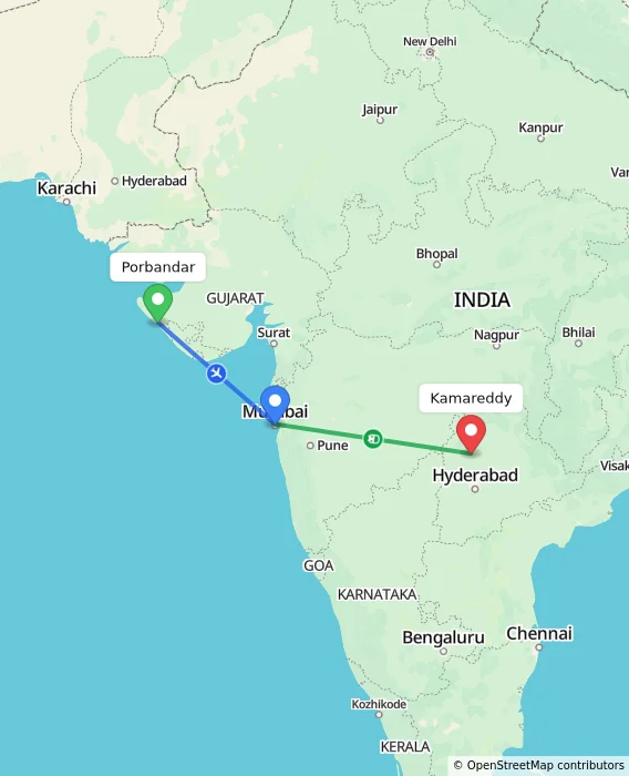 Route map showing distance and travel time from Porbandar, India to Kamareddy, India