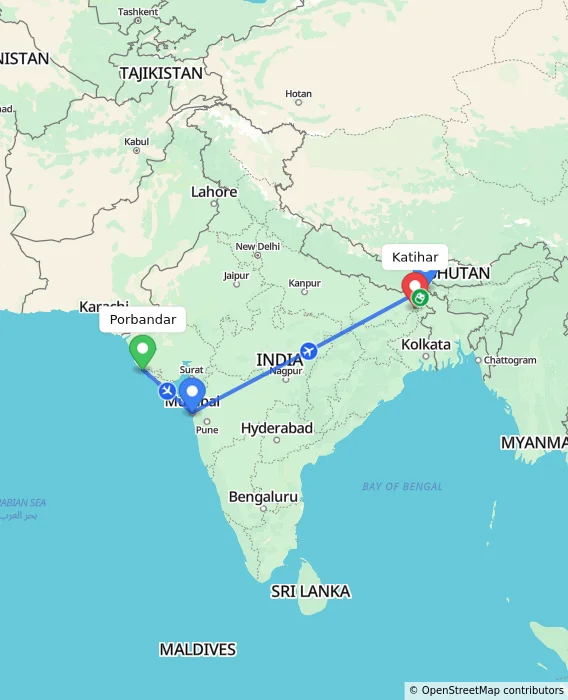 Route map showing distance and travel time from Porbandar, India to Katihar, India