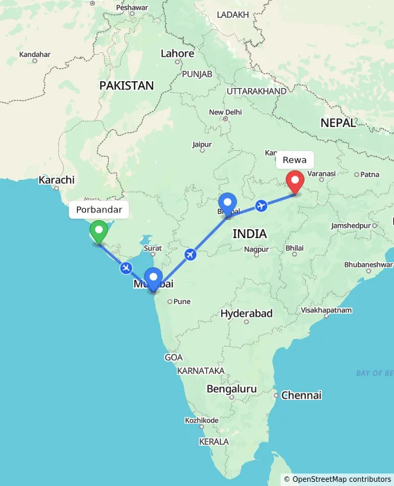 Route map showing distance and travel time from Porbandar, India to Rewa, India