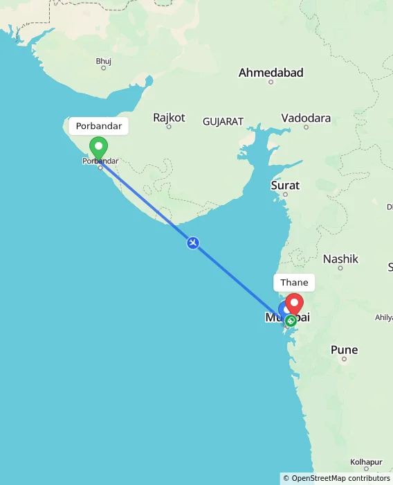 Route map showing distance and travel time from Porbandar, India to Thane, India