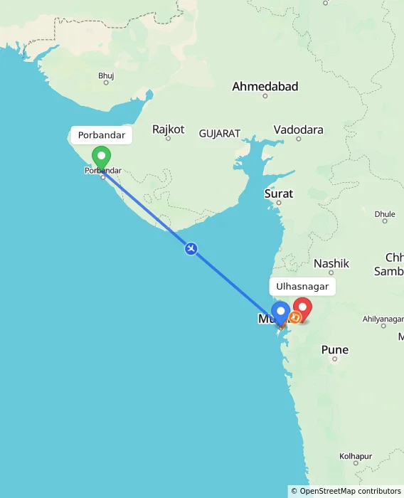 Route map showing distance and travel time from Porbandar, India to Ulhasnagar, India