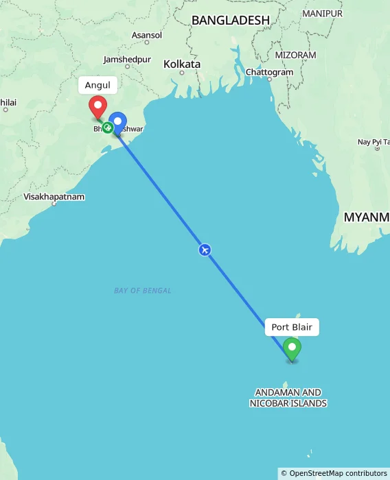 Route map showing distance and travel time from Port Blair, India to Angul, India