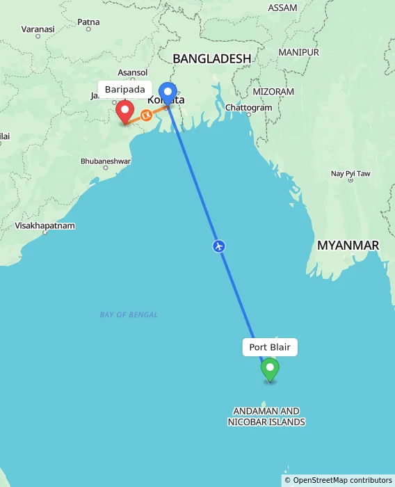 Route map showing distance and travel time from Port Blair, India to Baripada, India