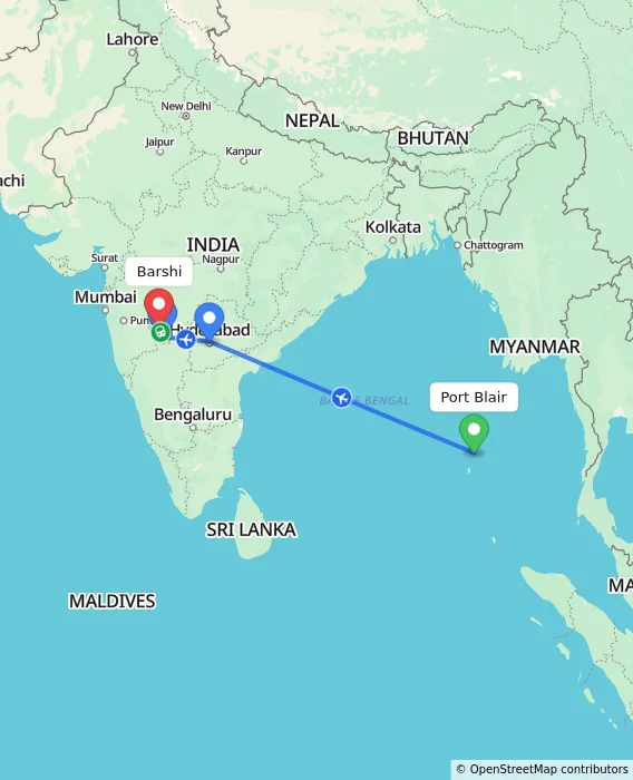 Route map showing distance and travel time from Port Blair, India to Barshi, India
