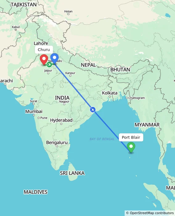 Route map showing distance and travel time from Port Blair, India to Churu, India