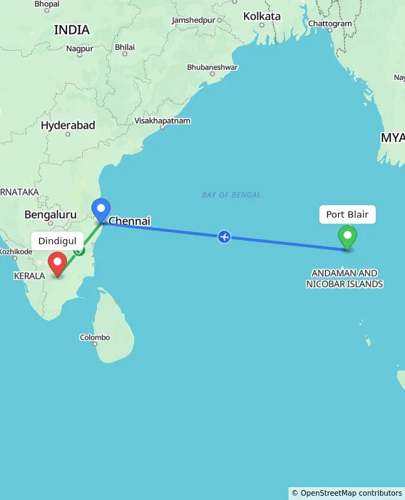 Route map showing distance and travel time from Port Blair, India to Dindigul, India