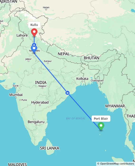 Route map showing distance and travel time from Port Blair, India to Kullu, India