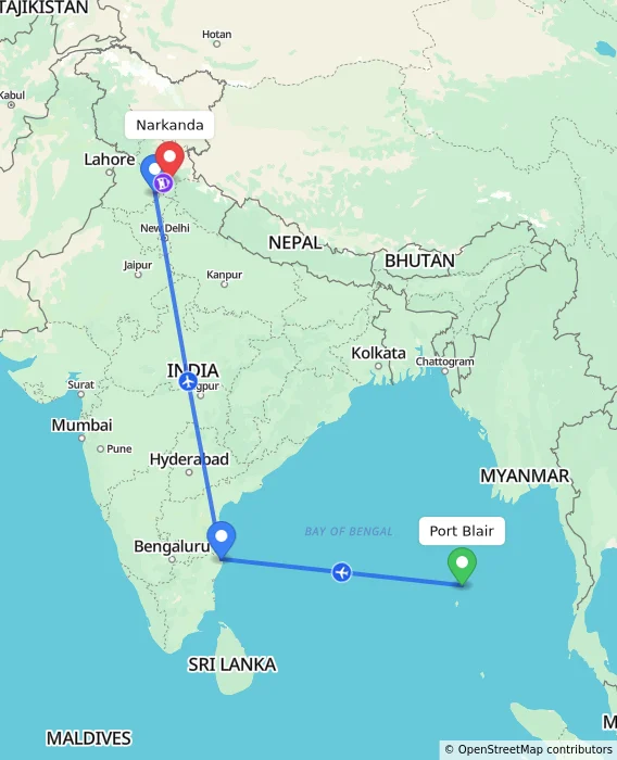 Route map showing distance and travel time from Port Blair, India to Narkanda, India