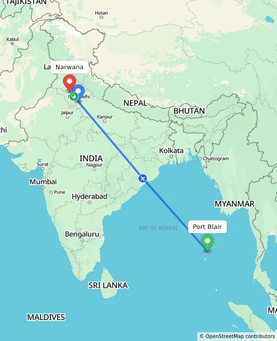 Route map showing distance and travel time from Port Blair, India to Narwana, India