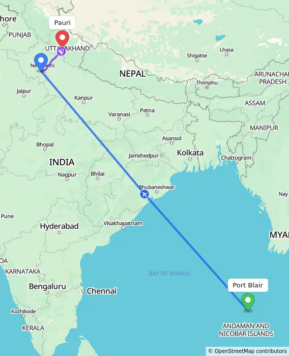 Route map showing distance and travel time from Port Blair, India to Pauri, India
