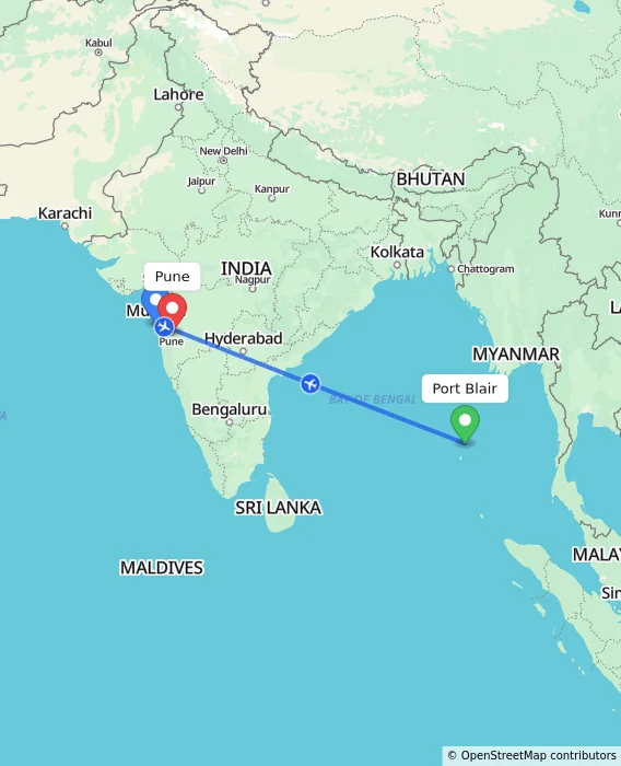Route map showing distance and travel time from Port Blair, India to Pune, India