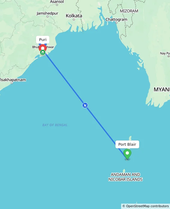 Route map showing distance and travel time from Port Blair, India to Puri, India