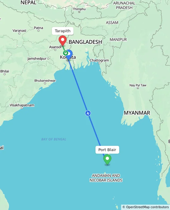 Route map showing distance and travel time from Port Blair, India to Tarapith, India