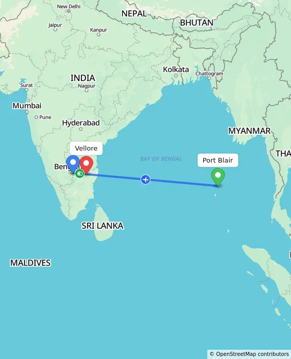 Route map showing distance and travel time from Port Blair, India to Vellore, India