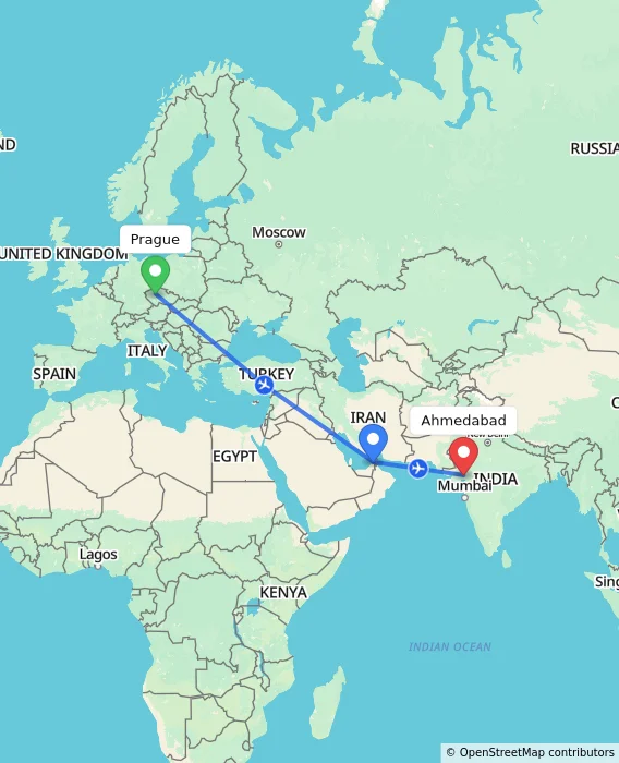Route map showing distance and travel time from Prague, Czechia to Ahmedabad, India