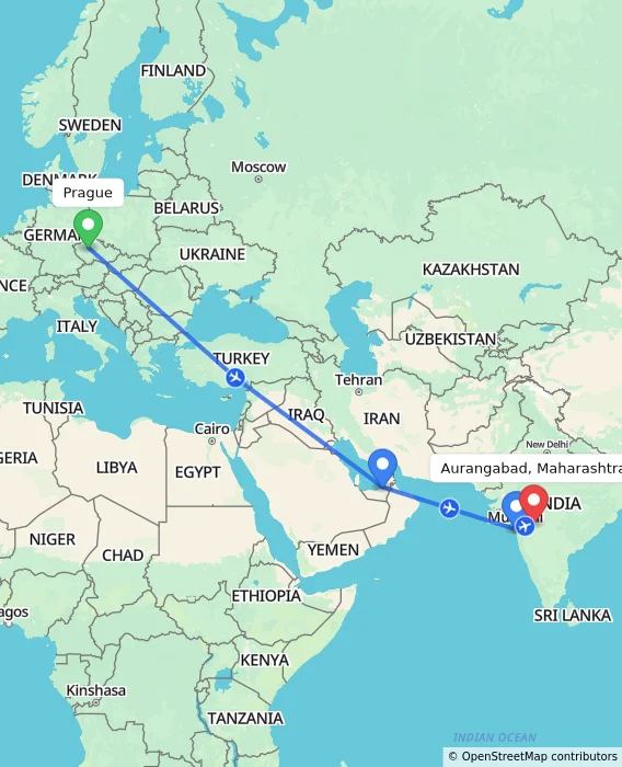 Route map showing distance and travel time from Prague, Czechia to Aurangabad, Maharashtra, India