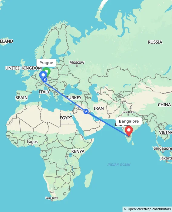 Route map showing distance and travel time from Prague, Czechia to Bangalore, India