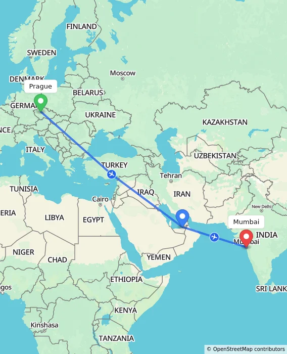 Route map showing distance and travel time from Prague, Czechia to Mumbai, India