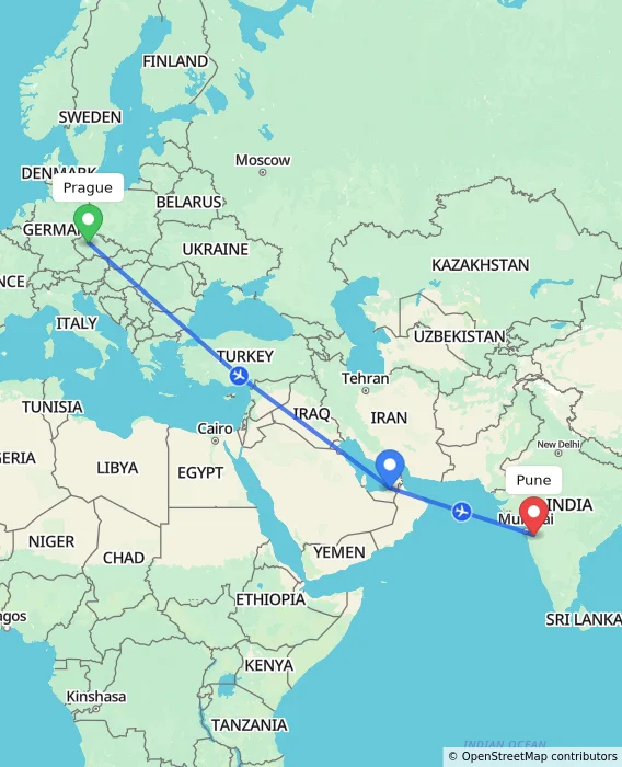 Route map showing distance and travel time from Prague, Czechia to Pune, India