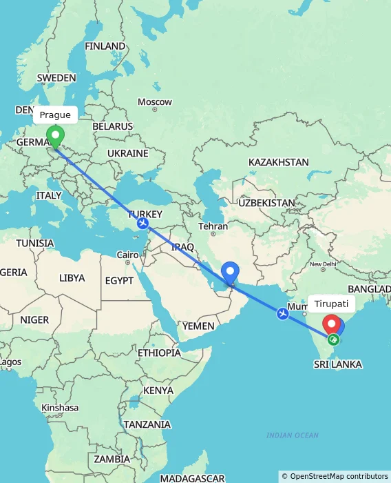 Route map showing distance and travel time from Prague, Czechia to Tirupati, India