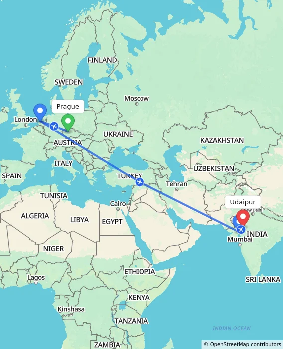 Route map showing distance and travel time from Prague, Czechia to Udaipur, India
